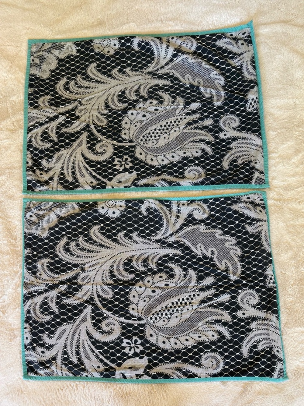 Reversible! Black & White Paisley Standard Pillow CoverSet with Teal Trim.
